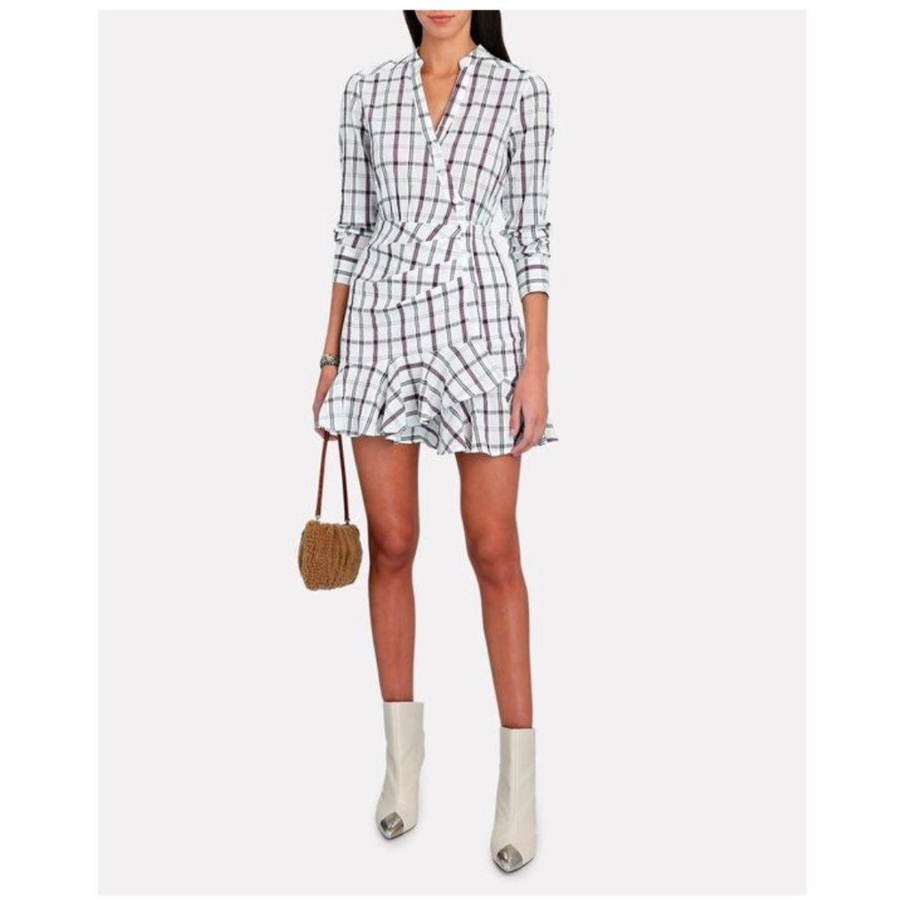 NWT Veronica Beard Sherry Plaid Mini Wrap Dress Crinkle Cotton Blend Long Sleeve